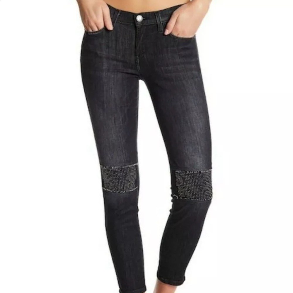 Current Elliott The Stiletto Studded Knee Patch Jeans Size 27 Skinny Leg Black